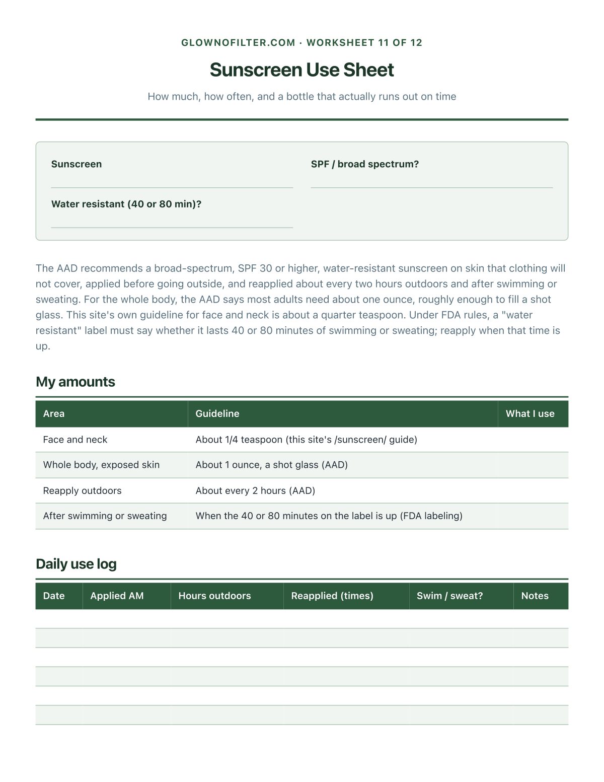 Sunscreen Use Sheet